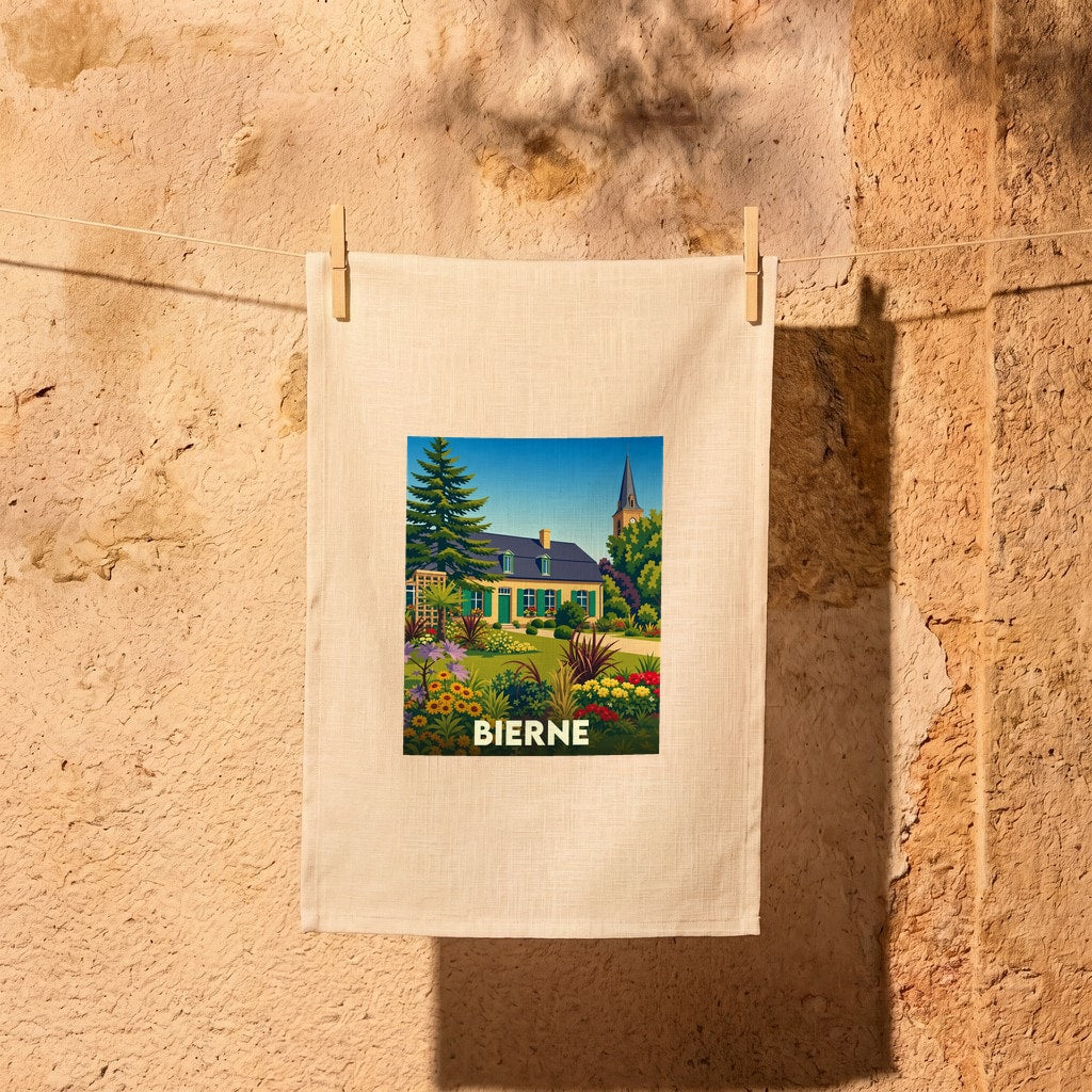 Torchon souvenir de la ville de Bierne illustré d'une scène de jardin colorée et d'un bâtiment traditionnel.