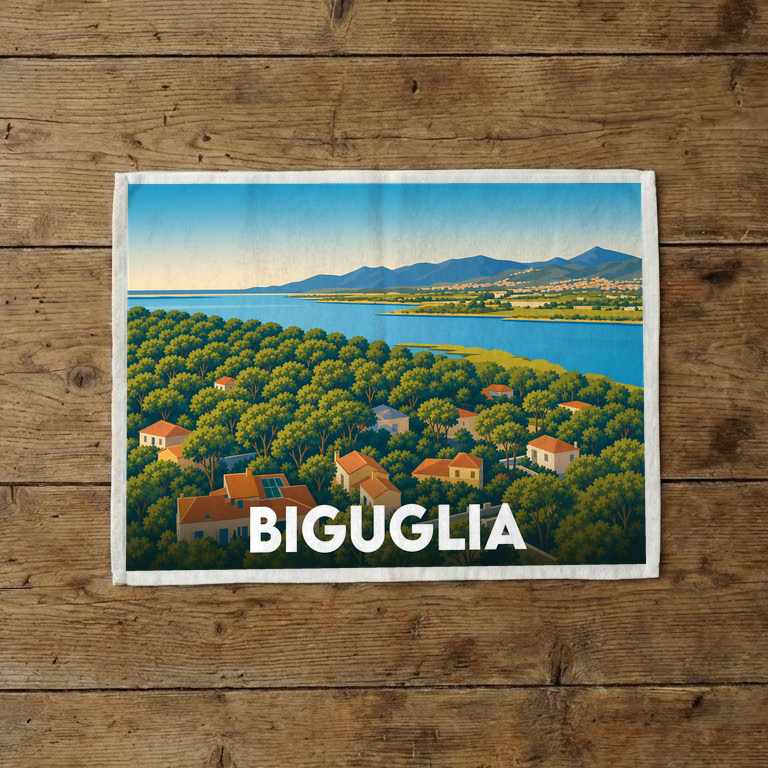 Torchon souvenir de la ville de Biguglia arborant une illustration stylisée d'un paysage côtier arboré.