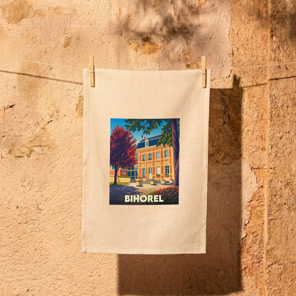 Torchon souvenir de la ville de Bihorel avec une illustration stylisée de son architecture et d'arbres colorés.