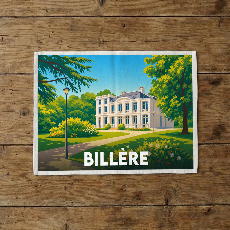 Torchon souvenir de la ville de Billère avec une illustration stylisée d'une grande demeure dans un parc.