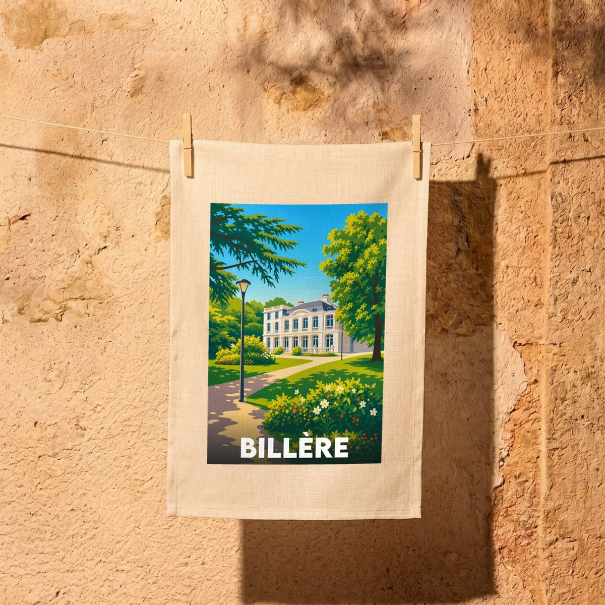 Torchon souvenir de la ville de Billère avec une illustration stylisée d'une grande demeure dans un parc.