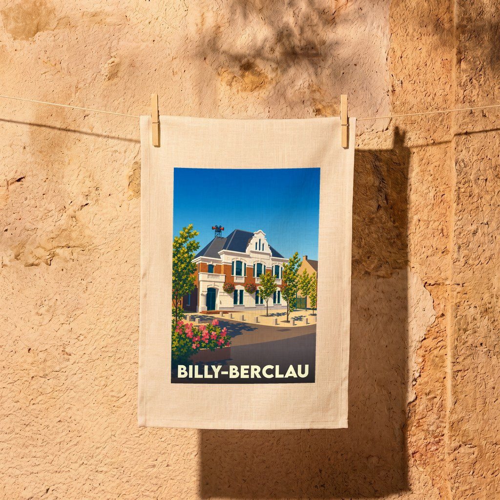 Torchon souvenir de la ville de Billy-Berclau avec une illustration stylisée.