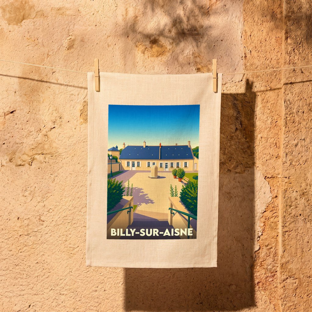 Torchon souvenir de la ville de Billy-sur-Aisne avec une illustration stylisée.