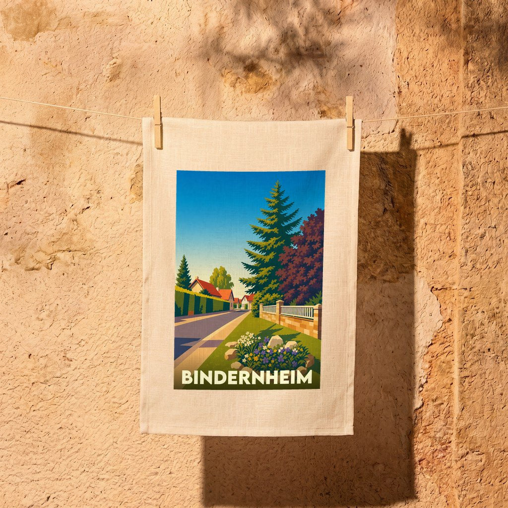 Torchon souvenir de la ville de Bindernheim avec une illustration stylisée.