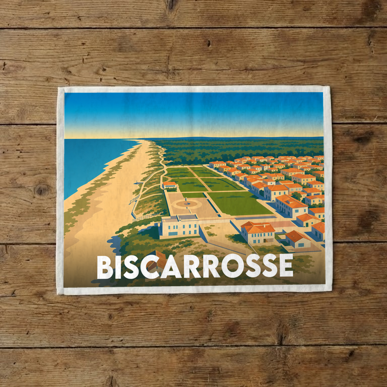 Torchon souvenir de la ville de Biscarrosse avec une illustration stylisée de son paysage côtier.