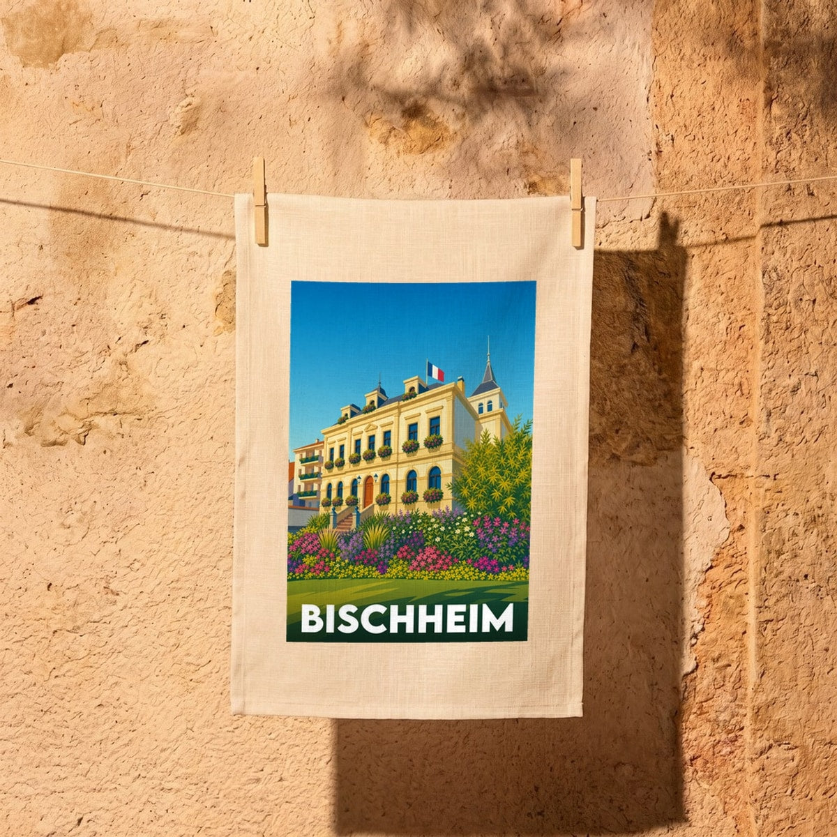 Torchon souvenir de la ville de Bischheim avec une illustration stylisée de son architecture fleurie.