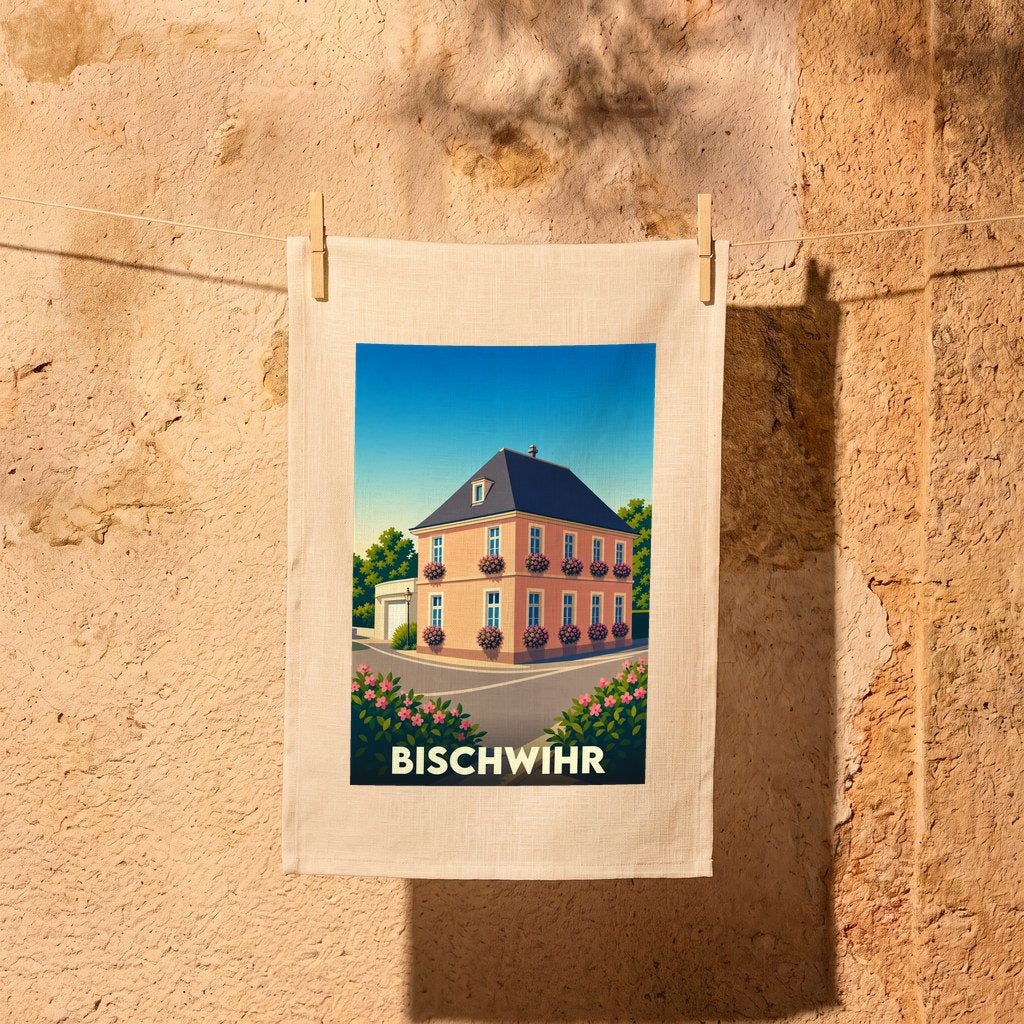 Torchon souvenir de la ville de Bischwihr avec une illustration stylisée d'une maison alsacienne fleurie.