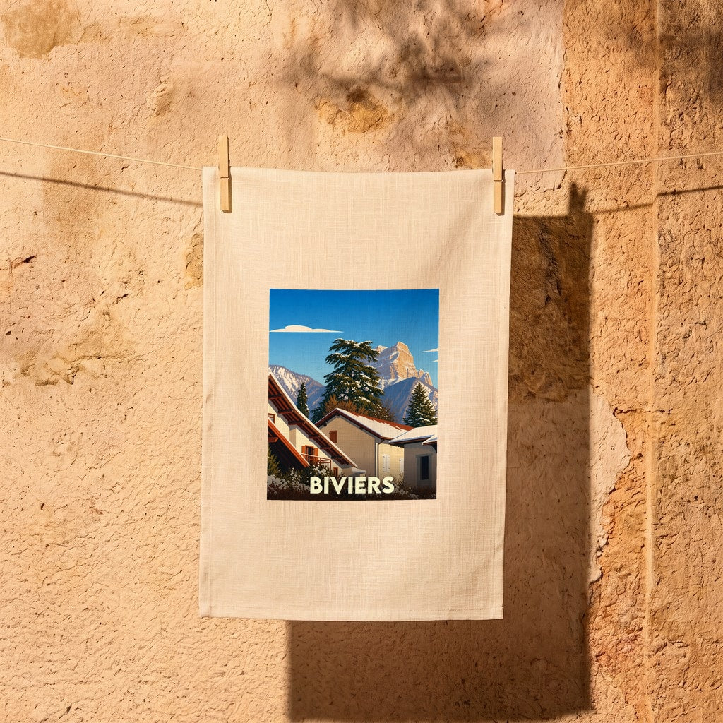 Torchon souvenir de la ville de Biviers orné d'une illustration hivernale stylisée.