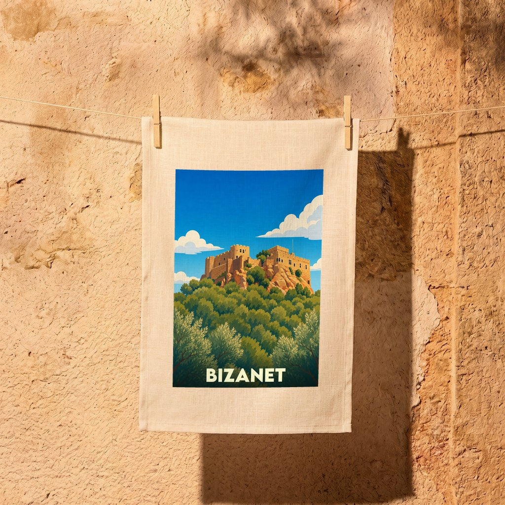 Torchon souvenir de la ville de Bizanet avec une illustration stylisée de son château.