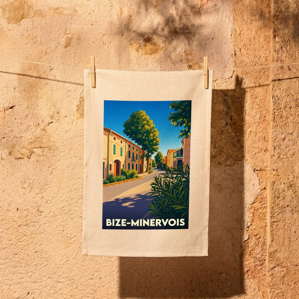 Torchon souvenir de la ville de Bize-Minervois avec une illustration stylisée d'une rue ensoleillée.