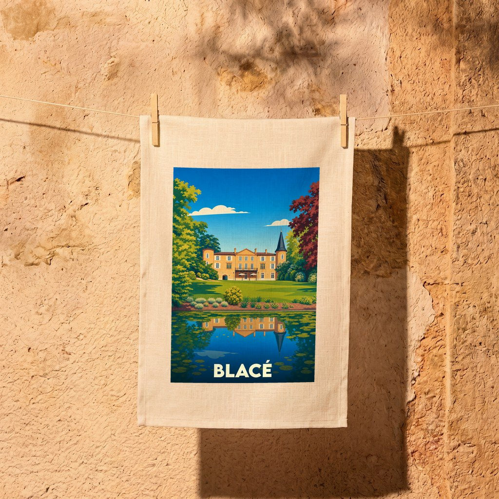 Torchon souvenir de la ville de Blacé avec une illustration stylisée d'un château se reflétant dans l'eau.
