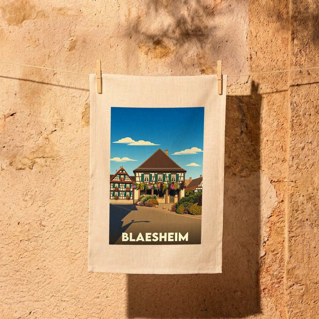 Torchon souvenir de la ville de Blaesheim avec une illustration stylisée.