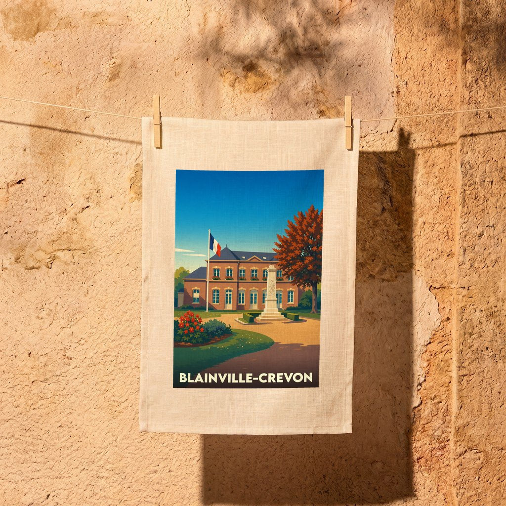 Torchon souvenir de la ville de Blainville-Crevon avec une illustration stylisée d'un bâtiment communal sous un ciel bleu.