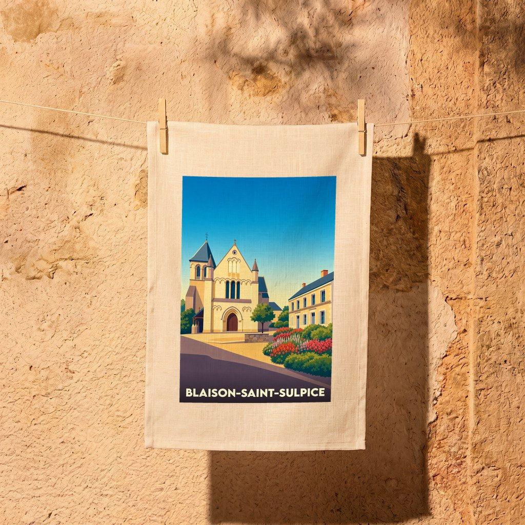 Torchon souvenir de la ville de Blaison-Saint-Sulpice avec une illustration stylisée.