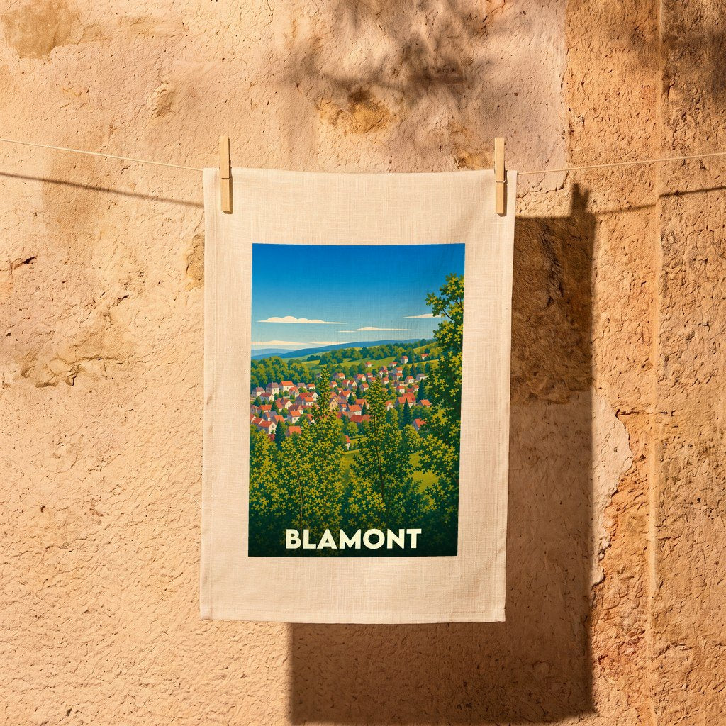 Torchon souvenir de la ville de Blamont avec une illustration stylisée.