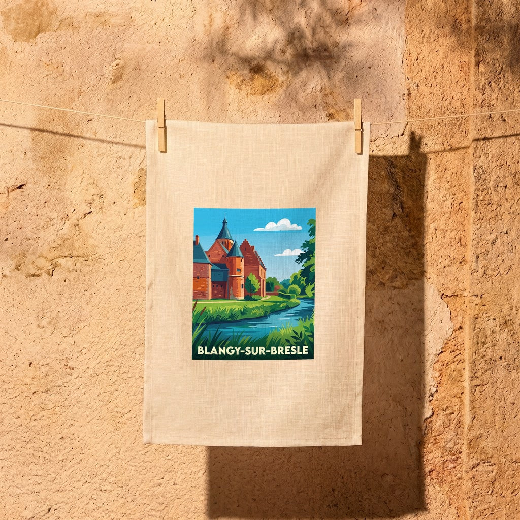 Torchon souvenir de la ville de Blangy-sur-Bresle avec une illustration stylisée d'un château au bord de l'eau.