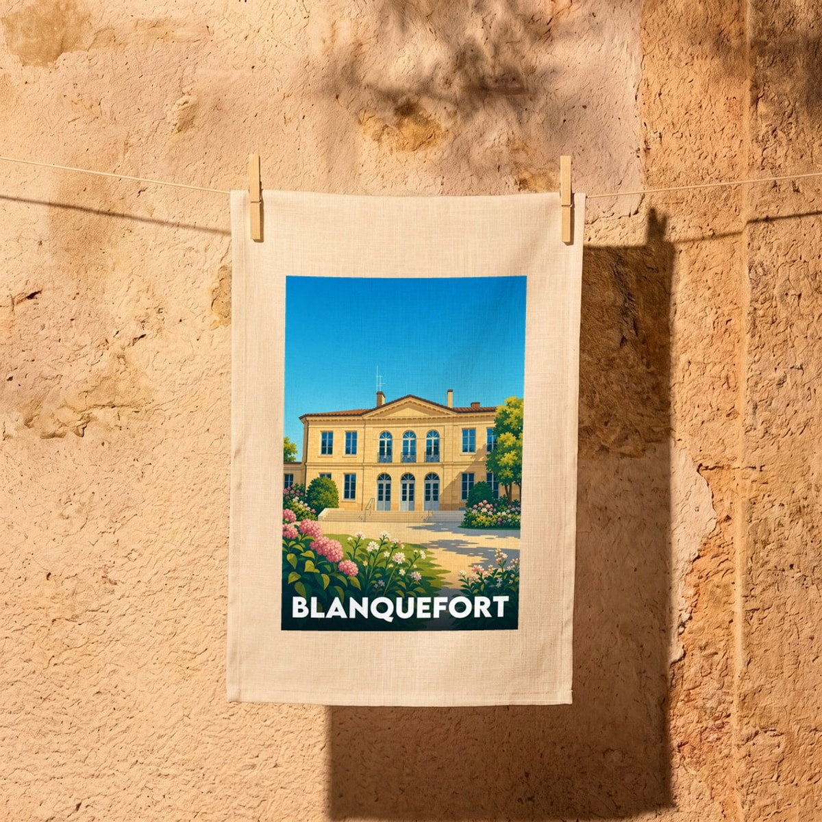 Torchon souvenir de la ville de Blanquefort avec une illustration stylisée.