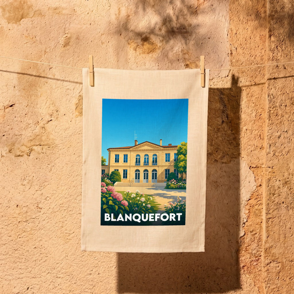 Torchon souvenir de la ville de Blanquefort avec une illustration stylisée.