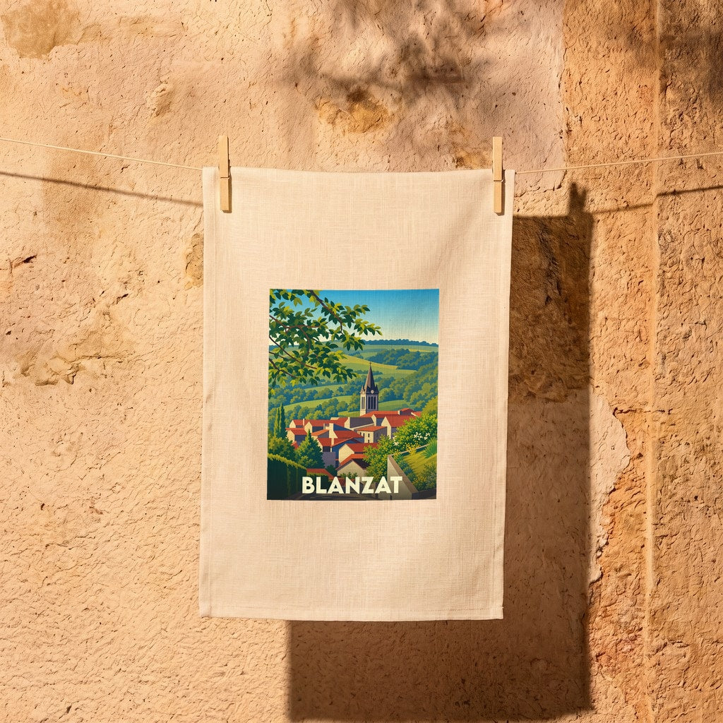 Torchon souvenir de la ville de Blanzat illustré d'un paysage panoramique stylisé.