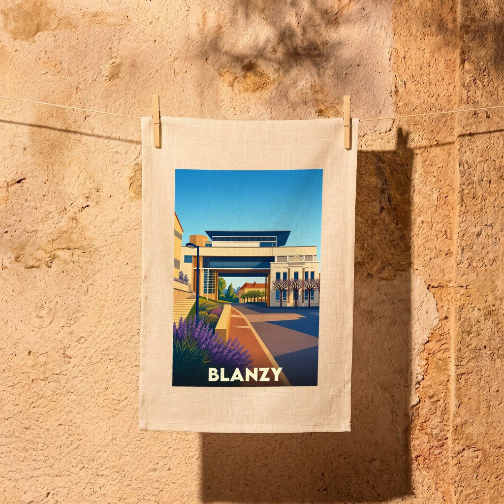 Torchon souvenir de la ville de Blanzy avec une illustration stylisée et colorée.