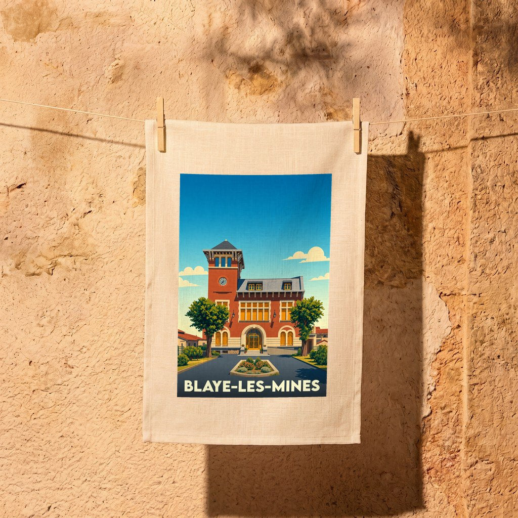 Torchon souvenir de la ville de Blaye-les-Mines avec une illustration stylisée de son hôtel de ville.