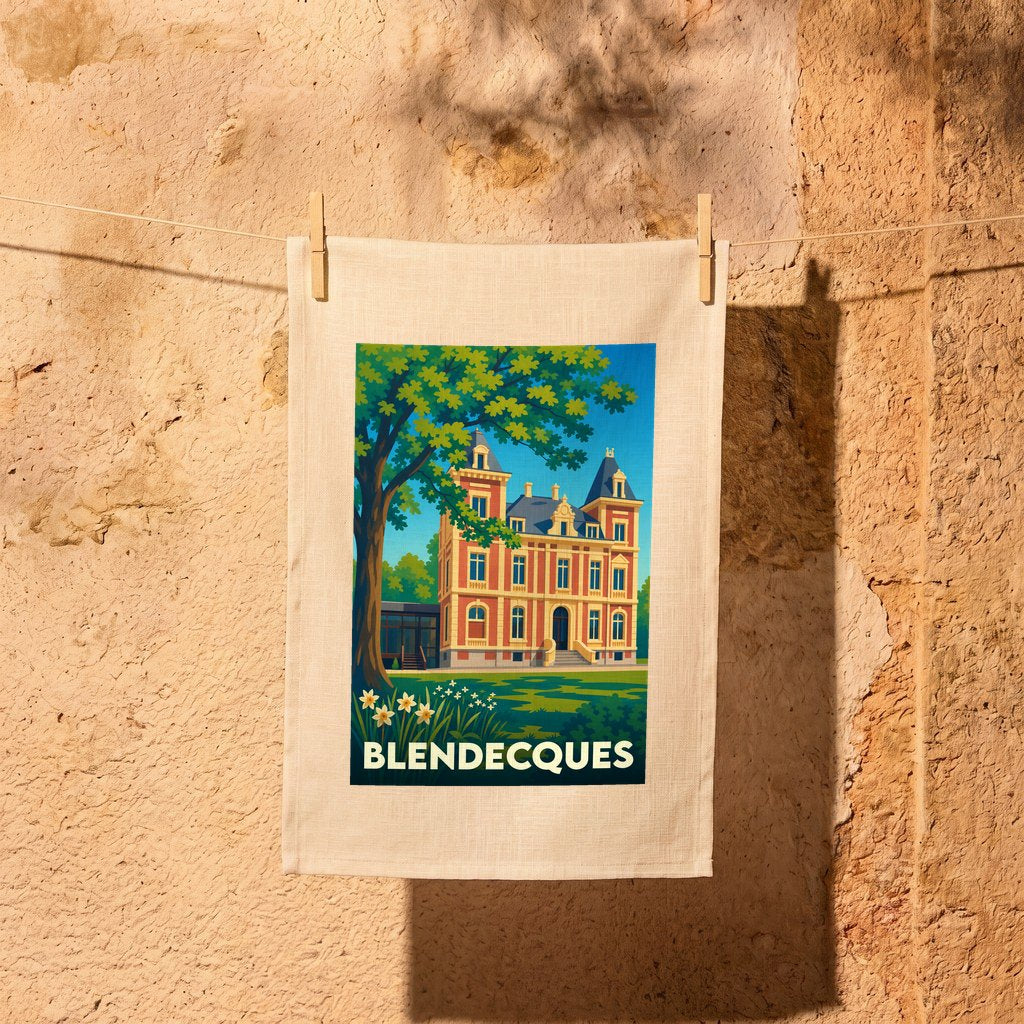 Torchon souvenir de la ville de Blendecques illustré d'un château majestueux dans un style vintage.
