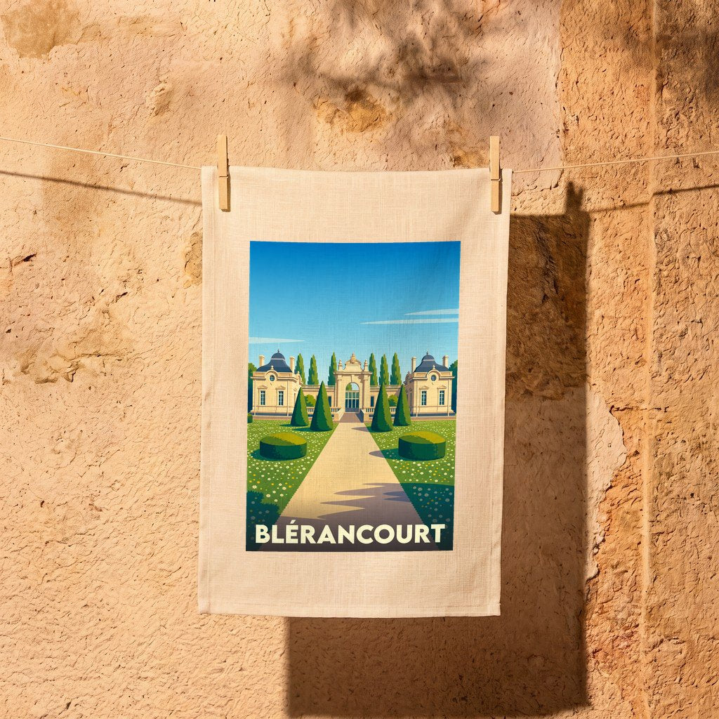 Torchon souvenir de la ville de Blérancourt illustré d'une vue stylisée du château et de ses jardins.