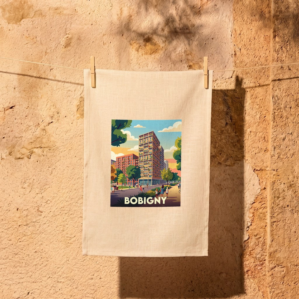 Torchon souvenir de la ville de Bobigny avec une illustration urbaine colorée et stylisée.
