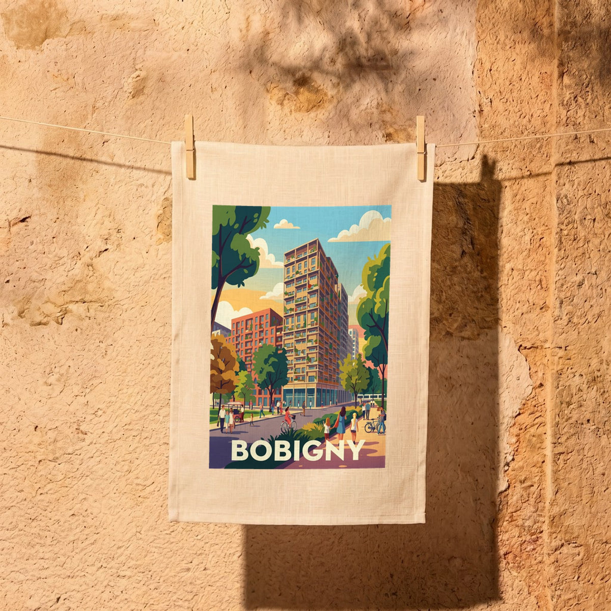 Torchon souvenir de la ville de Bobigny avec une illustration urbaine colorée et stylisée.