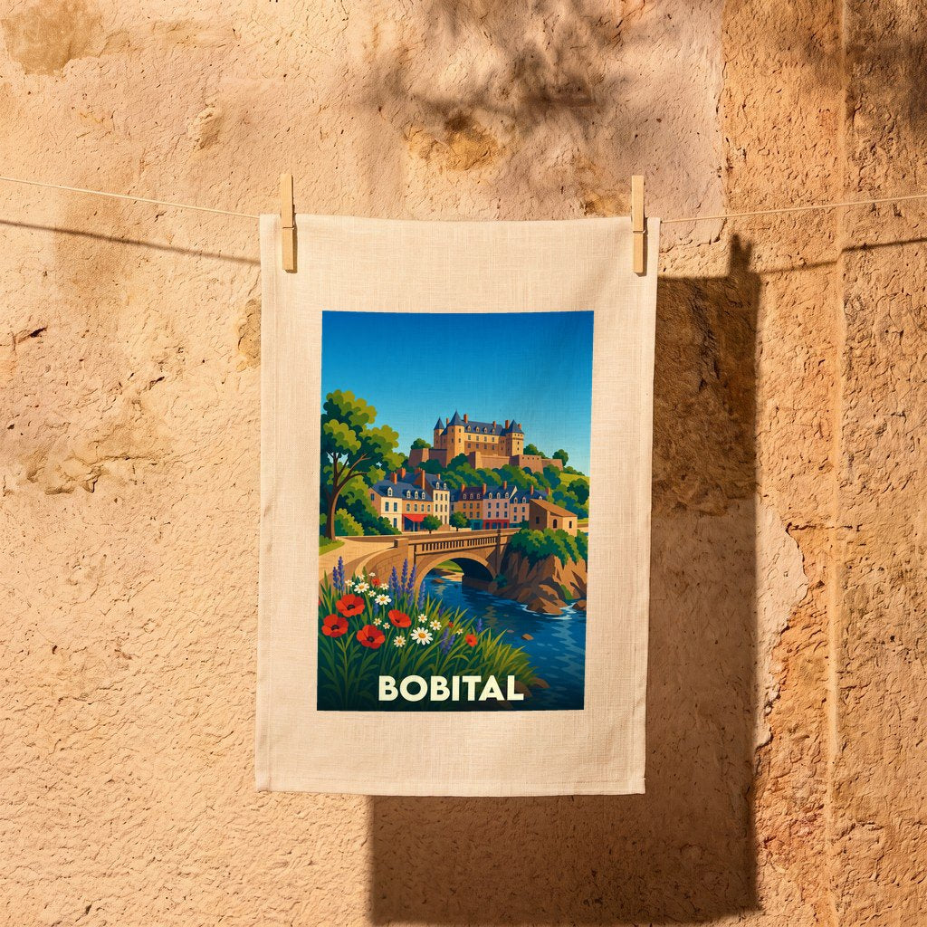 Torchon souvenir de la ville de Bobital avec une illustration stylisée représentant un paysage pittoresque.