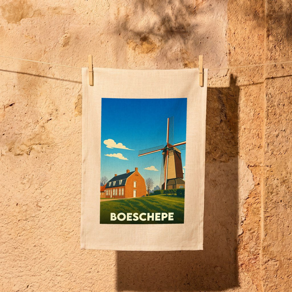 Torchon souvenir de la ville de Boeschepe illustré d'un moulin et d'une maison flamande.