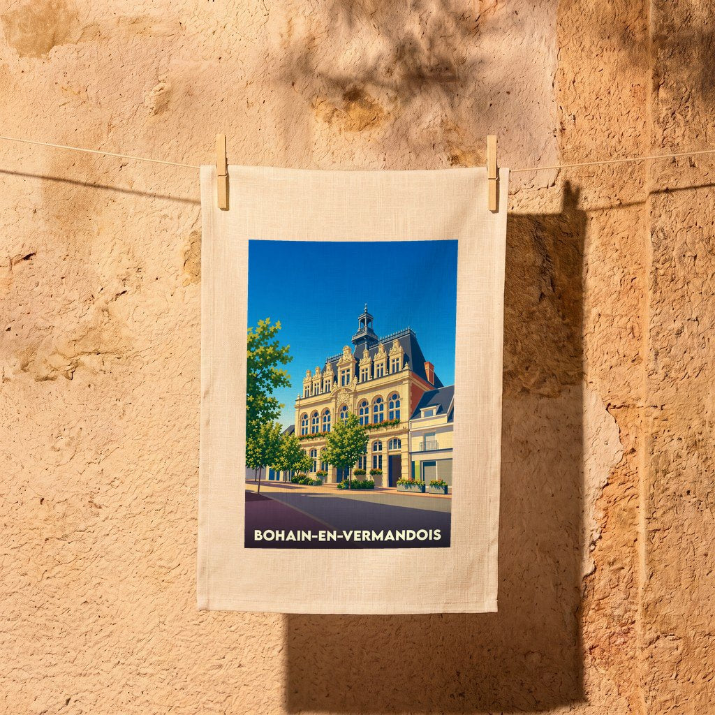 Torchon souvenir de la ville de Bohain-en-Vermandois avec une illustration stylisée de son hôtel de ville.