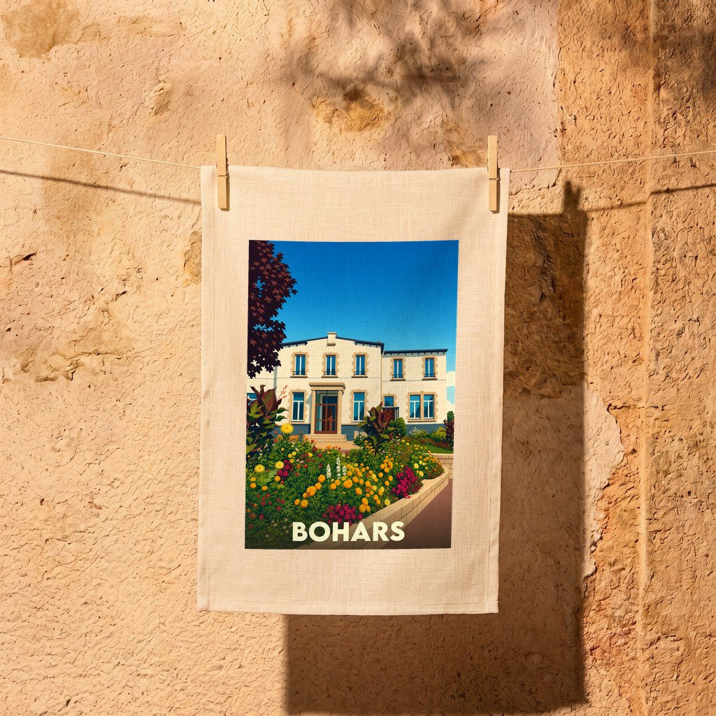 Torchon souvenir de la ville de Bohars illustré d'une maison bourgeoise et de jardins fleuris.