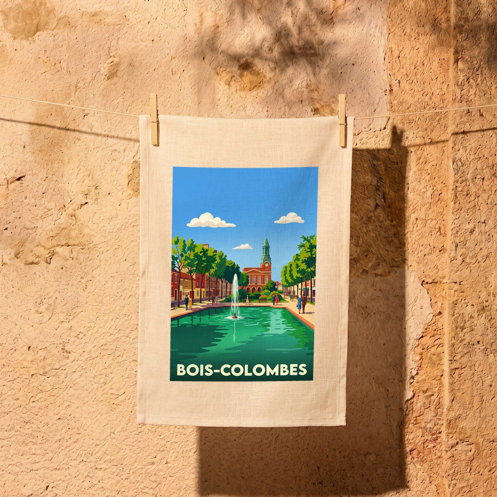 Torchon souvenir de la ville de Bois-Colombes avec une illustration stylisée.