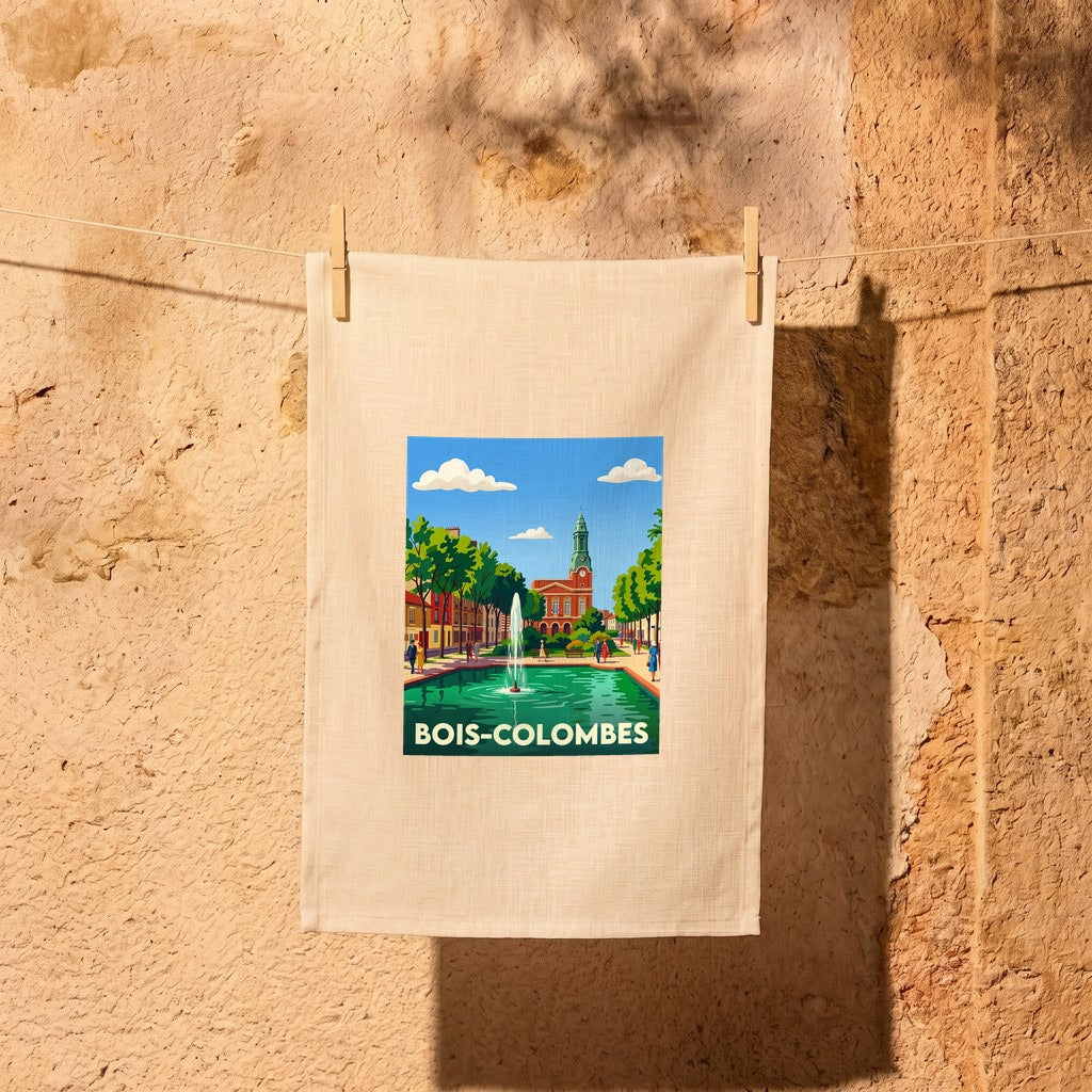 Torchon souvenir de la ville de Bois-Colombes avec une illustration stylisée.