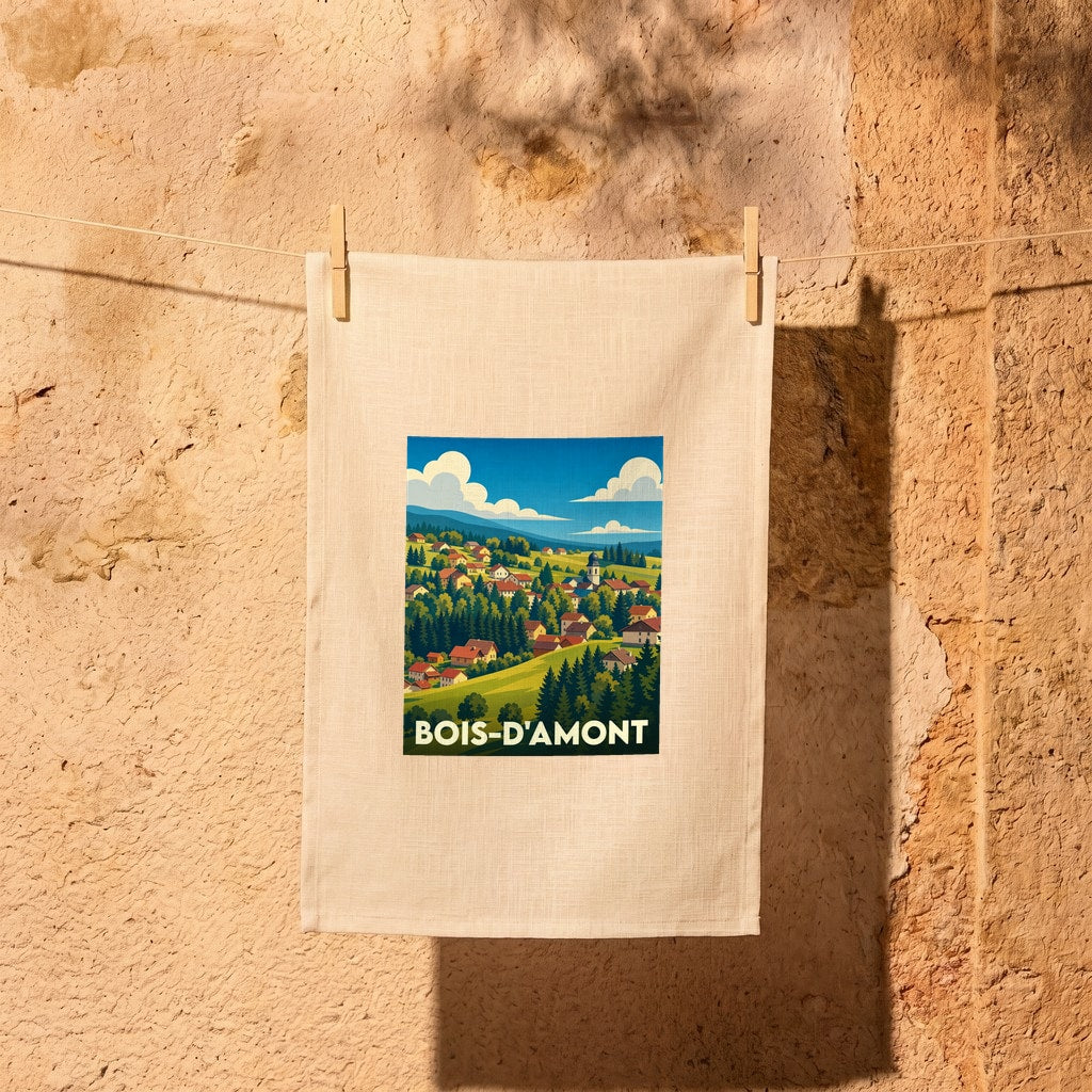 Torchon souvenir de la ville de Bois-d'Amont avec une illustration stylisée de son paysage vallonné.