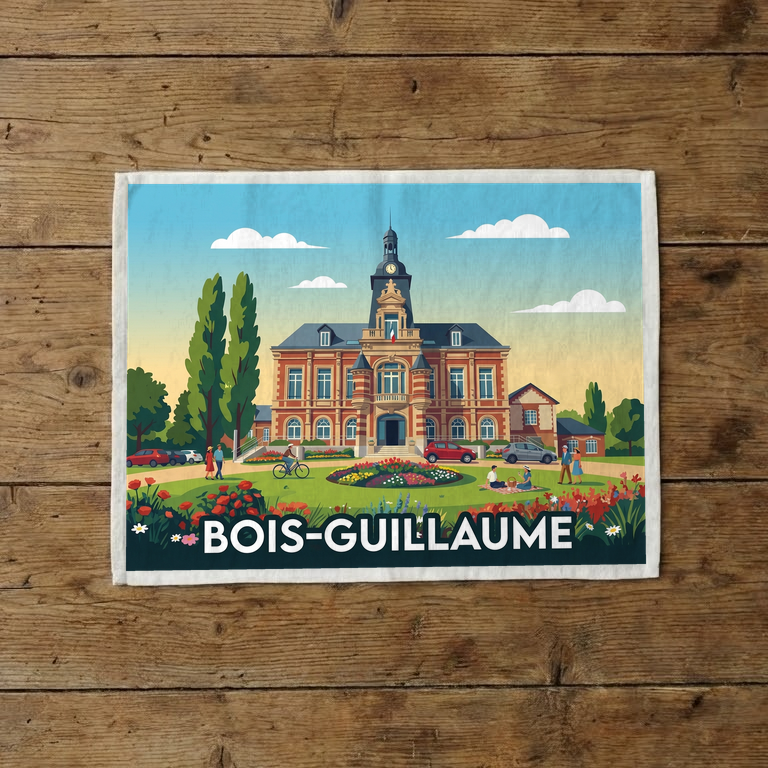Torchon souvenir de la ville de Bois-Guillaume avec une illustration stylisée de son hôtel de ville.
