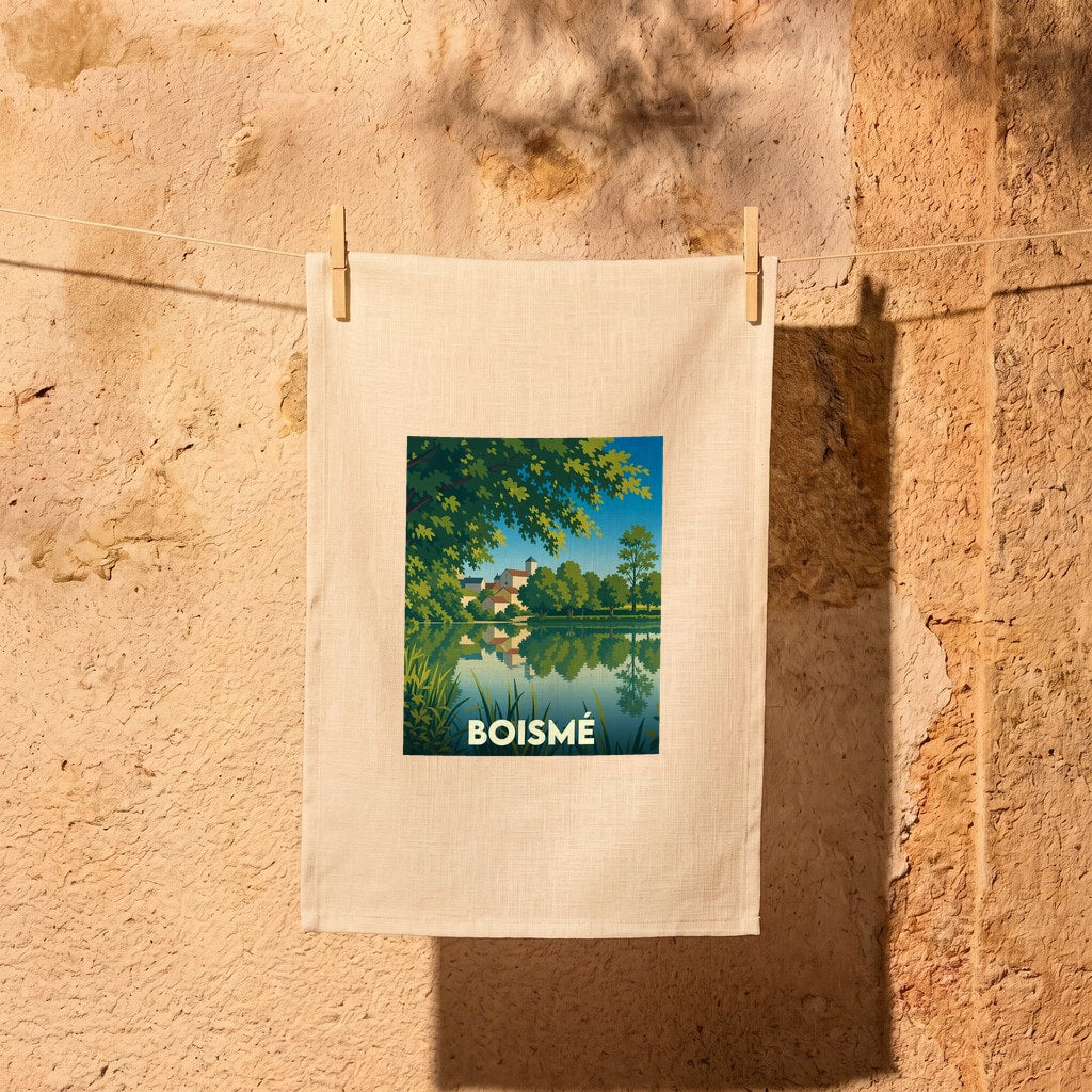 Torchon souvenir de la ville de Boismé avec une illustration stylisée d'un paysage lacustre.