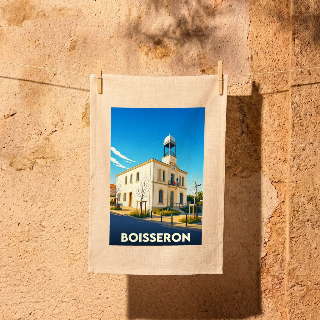 Torchon souvenir de la ville de Boisseron avec une illustration stylisée de son hôtel de ville.