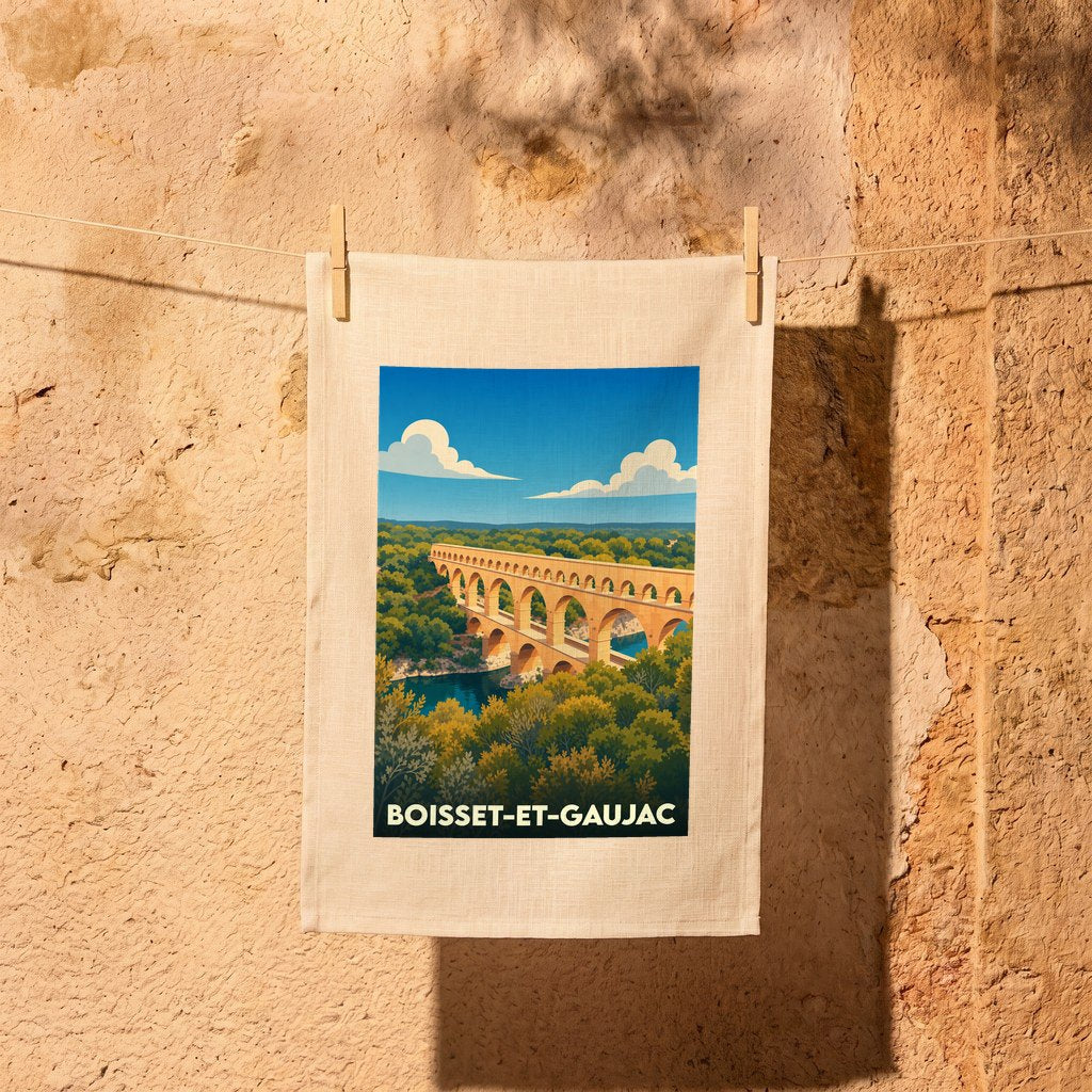 Torchon souvenir de la ville de Boisset-et-Gaujac avec une illustration stylisée du Pont du Gard.