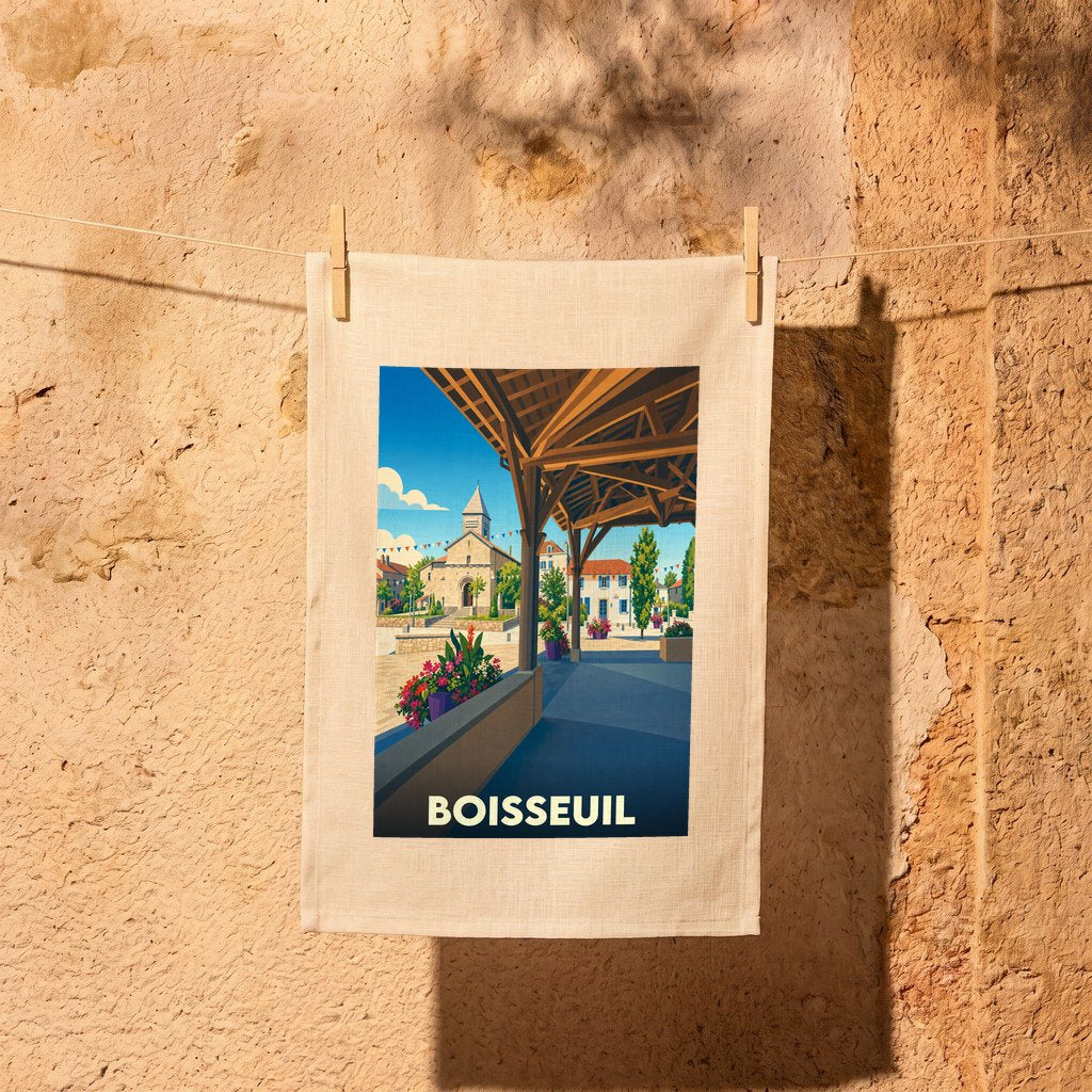 Torchon souvenir de la ville de Boisseuil avec une illustration stylisée.