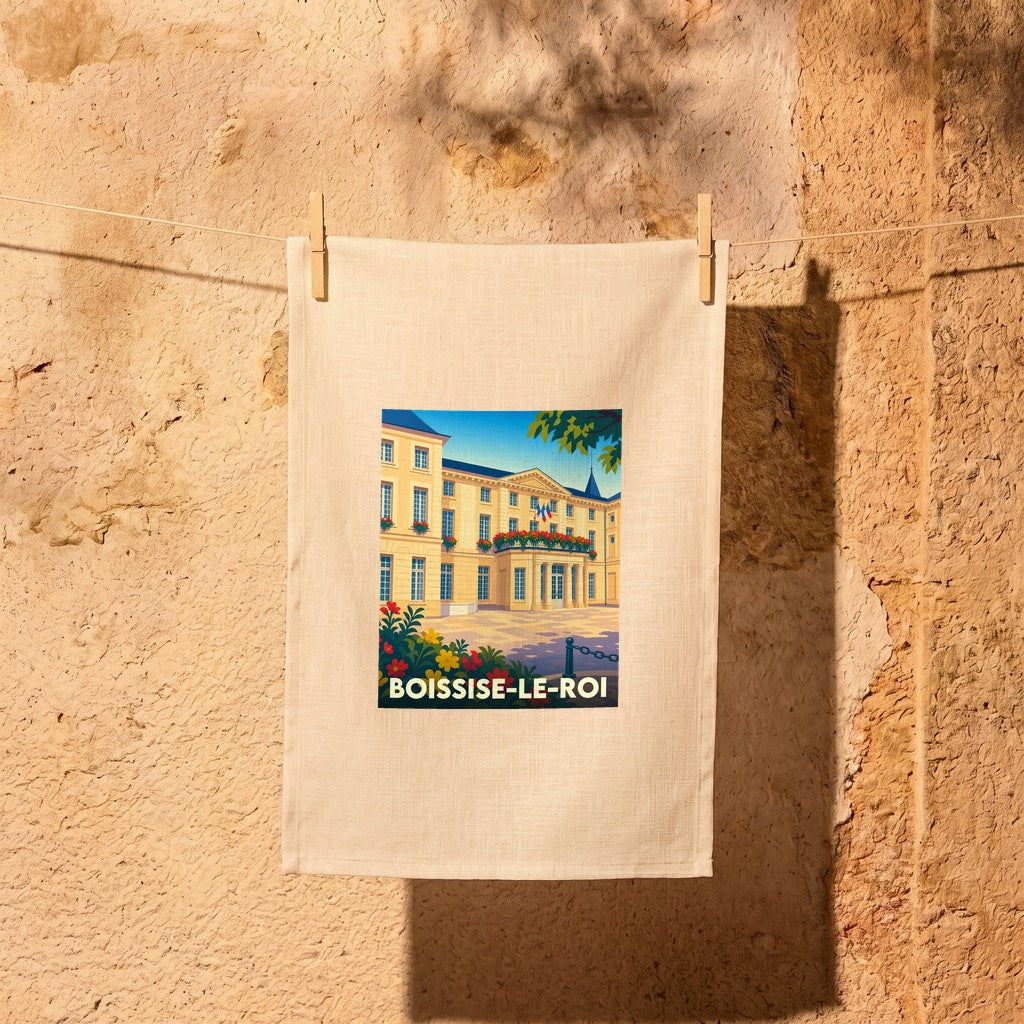 Torchon souvenir de la ville de Boissise-le-Roi avec une illustration stylisée de sa mairie fleurie.