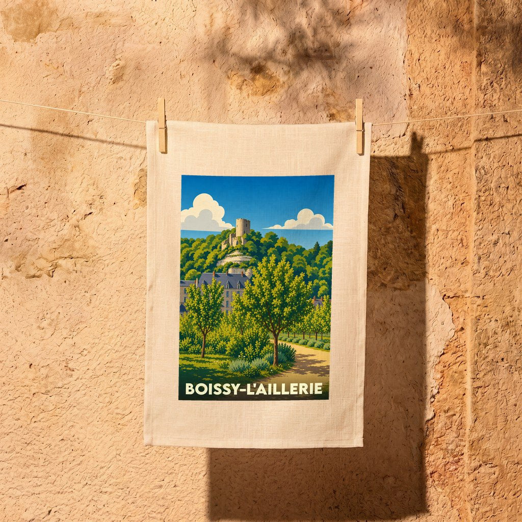 Torchon souvenir de la ville de Boissy-l'Aillerie avec une illustration stylisée d'un paysage local.