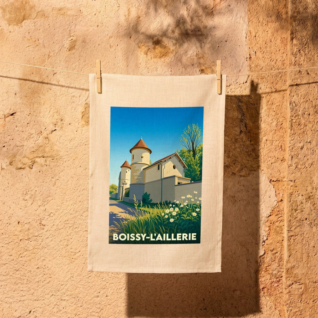 Torchon souvenir de la ville de Boissy-l'Aillerie avec une illustration stylisée.