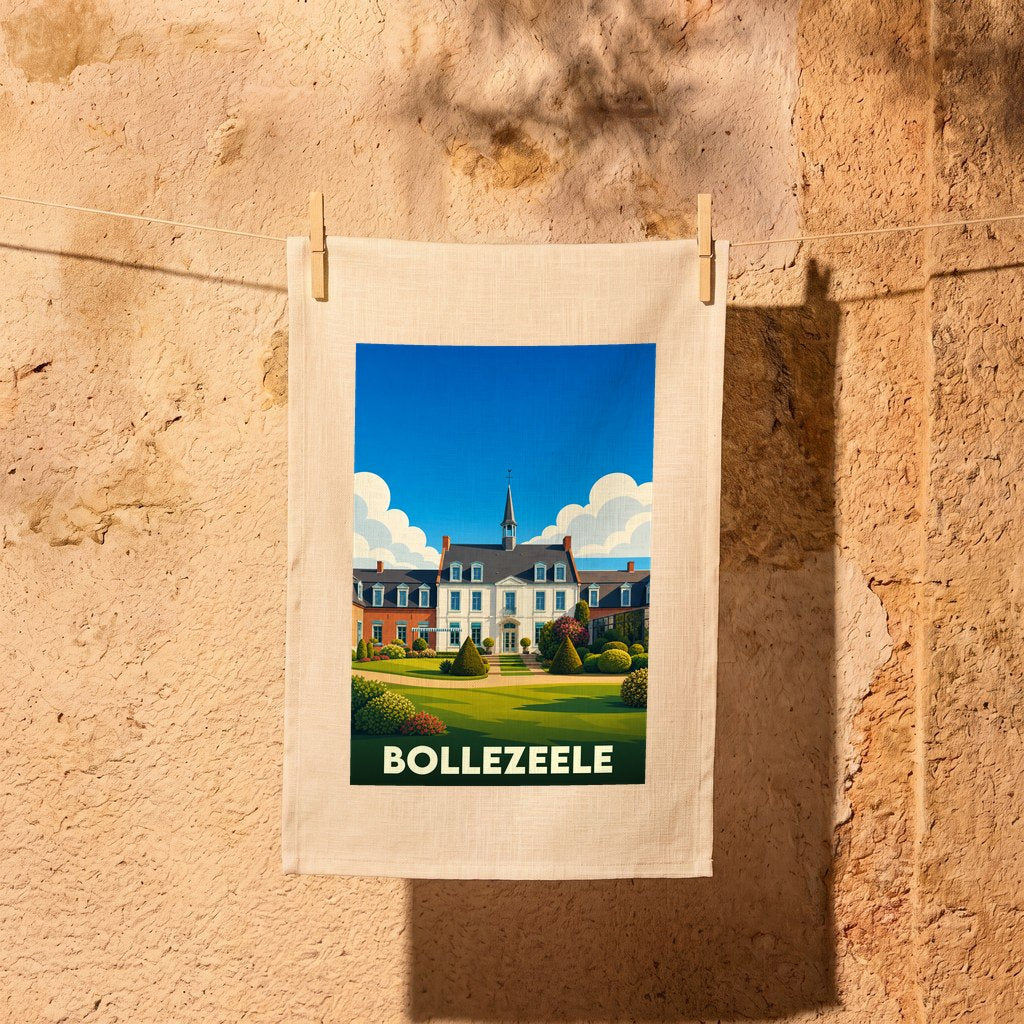 Torchon souvenir de la ville de Bollezeele illustré d'un château et de jardins.