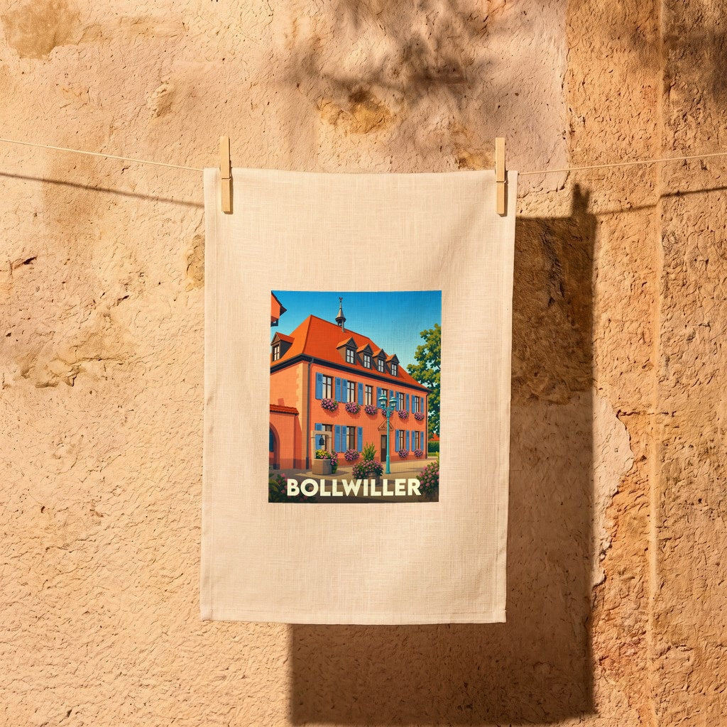 Torchon souvenir de la ville de Bollwiller avec une illustration stylisée d'un bâtiment alsacien coloré.
