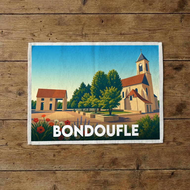 Torchon souvenir de la ville de Bondoufle avec une illustration stylisée de son église et de son paysage urbain.