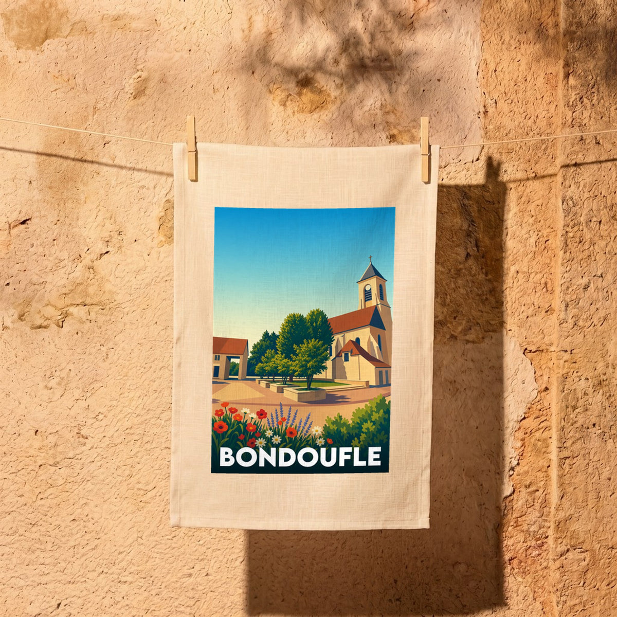 Torchon souvenir de la ville de Bondoufle avec une illustration stylisée de son église et de son paysage urbain.
