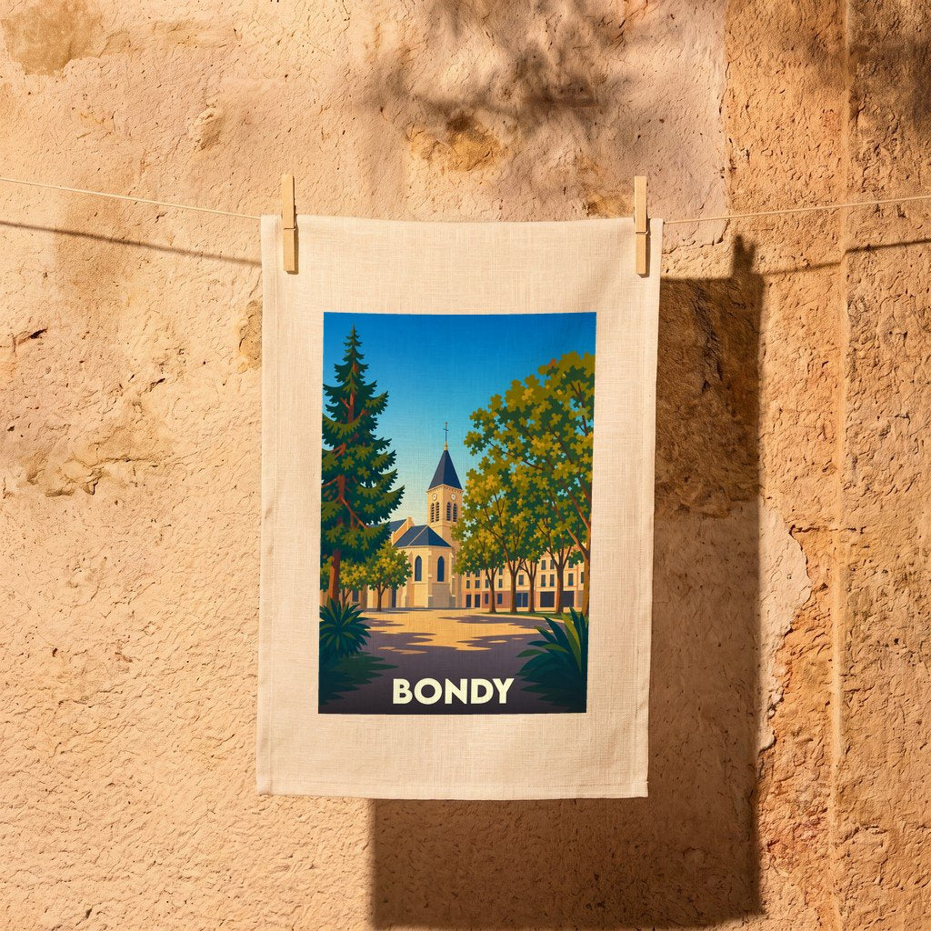 Torchon souvenir de la ville de Bondy avec une illustration stylisée de son église et de ses arbres.