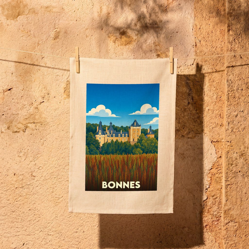 Torchon souvenir de la ville de Bonnes avec une illustration stylisée d'un château.